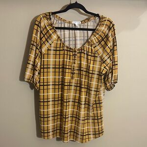 Notations Women Deep Yellow Plaid Short-Sleeve Scoop Neck Top